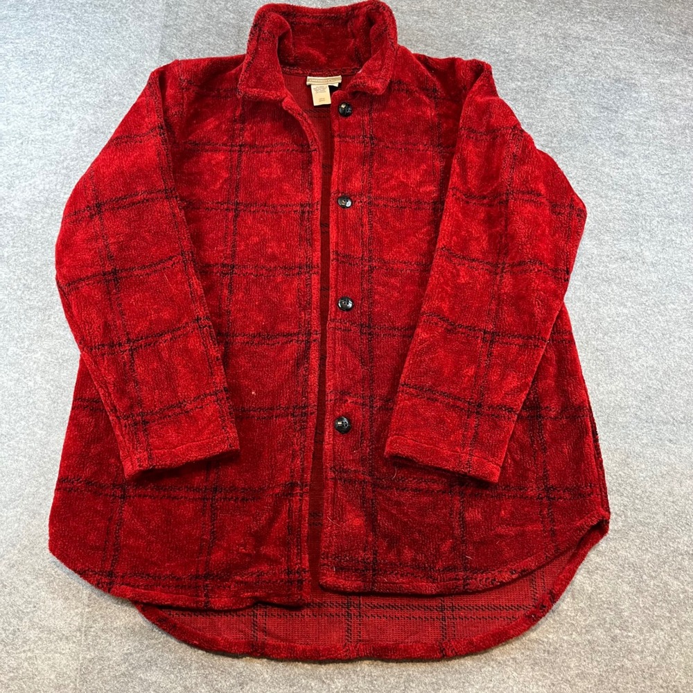 Coldwater Creek Womens Plaid Fleece Button Up Cardigan Red Cozy Shacket Large L